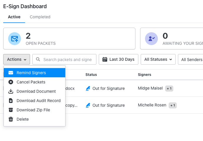 Esign Dashboard Action - Remind Signers